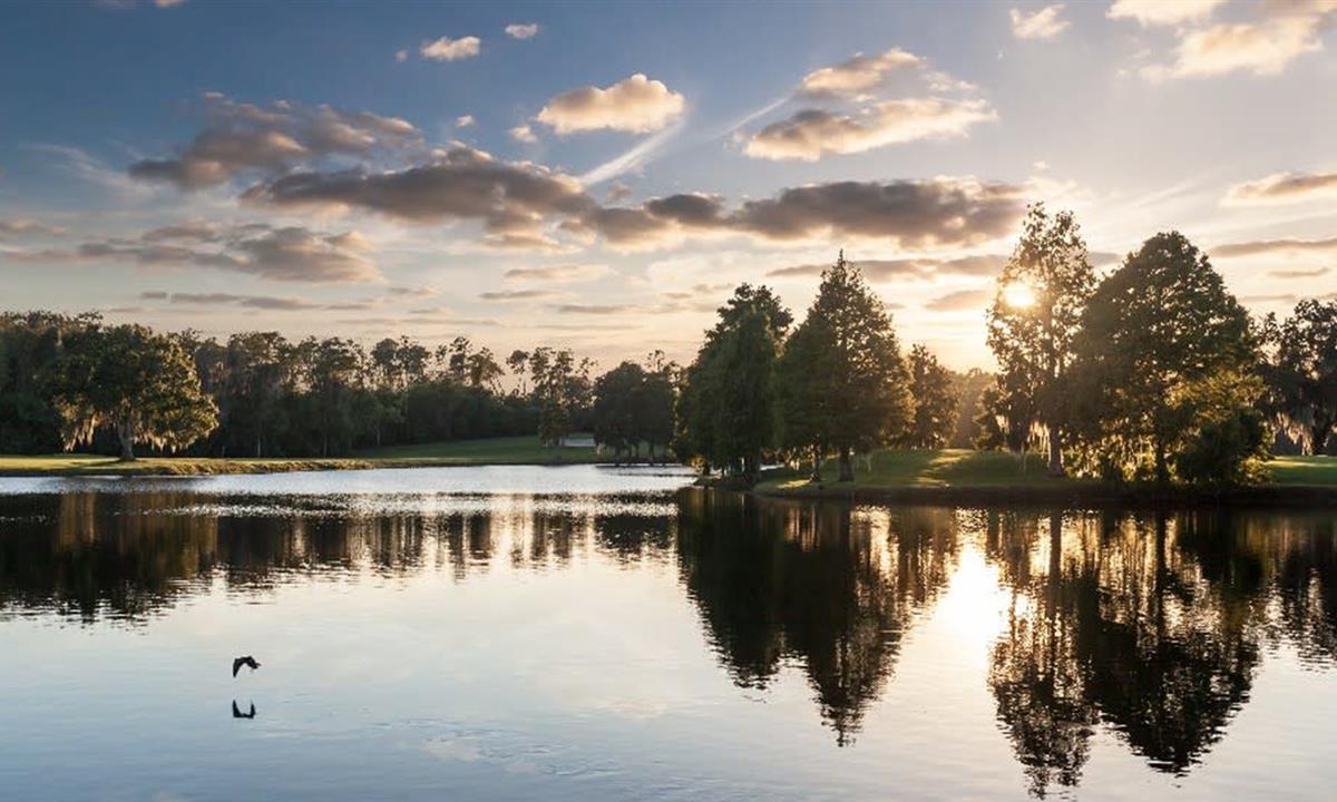 view of large pond and the golf course at dusk