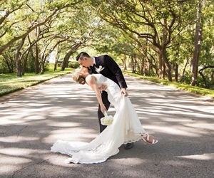 Wedding couple where the bride has a floral crown
