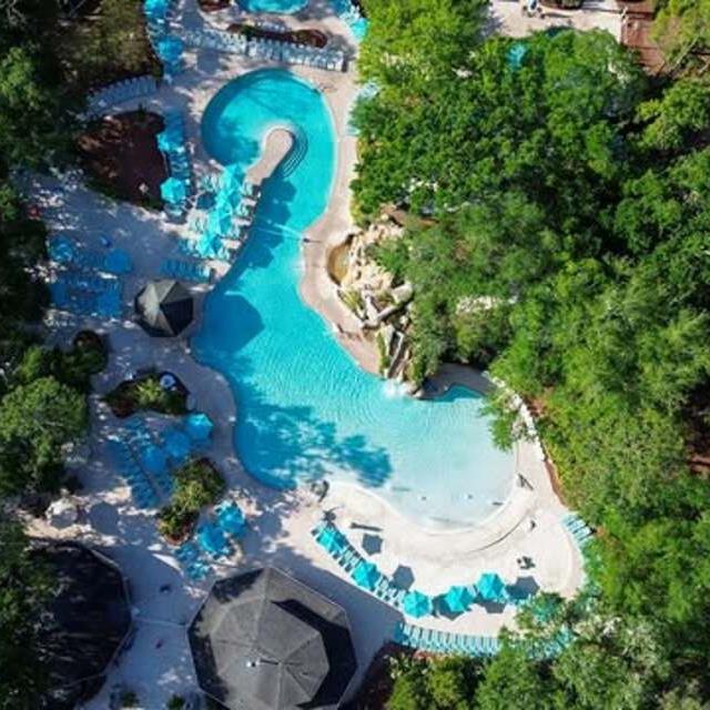 aerial view of large pool at resort
