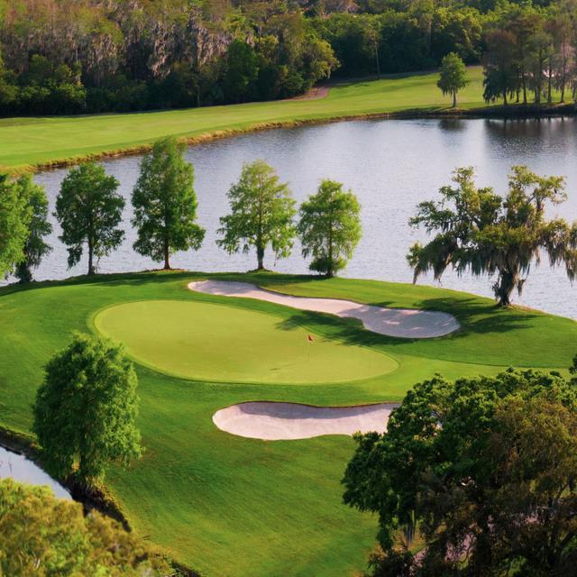 Aerial view of golf course by water